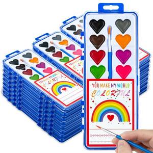 lot 5735 image: Valentines Day Gifts for Kids, 24 Pack Watercolor Paint Set with Paintbrush for Kids, Prizes Exchange Gifts Valentines Party Favors for Preschool Classroom School