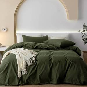lot 5739 image: JIYUAN Queen Size Duvet Cover Set, 3-Piece - 100% Washed Cotton, Linen-Like Soft & Breathable with Zipper Closure, Includes 90x90 Inch Cover & 2 Pillowcases, Solid Olive Green