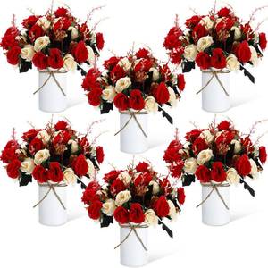 lot 5742 image: Domensi 6 Sets Wedding Centerpiece for Table Artificial Rose with Vase Fake Bouquets and Metal Pot Floral Arrangements for Mothers Day Holiday Party Event Table Decor (Red)