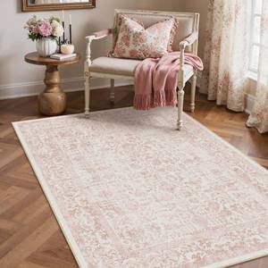 lot 5747 image: PureCozy Pink Area Rug 3x5 Office Entryway Rug Machine Washable Kitchen Vintage Distressed Non Slip Carpet Indoor Retro Floral Accent Throw Door Mat for Bathroom Bedroom Dining Living Room