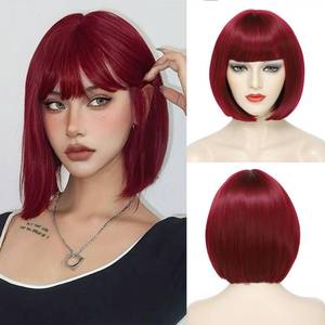 lot 6159 image: YBYMCAI Burgundy Bob Wig With Bangs Short Dark Red Bob Wigs For Women Wine Red Straight Bob Bangs Wig 10 Inch Heat Resistant Synthetic Hair Natural Looking For Daily