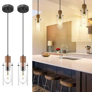lot 6172 image: Emak 2 Pack Mini Black Pendant Light Fixtures, Modern Farmhouse Pendant Lights with Clear Glass Shade, 1-Light Hanging Light for Bedroom, Kitchen Island, Bathroom, Wood Grain Painted, PL120-BKL-2PK