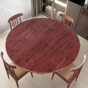 lot 6176 image: LUSHVIDA Round Waterproof Table Cover Elastic Vinyl Fitted Tablecloth Elastic Edged Plastic Table Cloth (Mahogany, Best for Up to 45-56 Round)