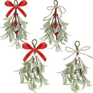 lot 6221 image: A4 Pcs Christmas Mistletoe Decor Artificial Mistletoe Ornament 10 Inch Frosted Mistletoe Hanging Decorations Kissing Ball with Bow for Doorway Home Xmas Tree