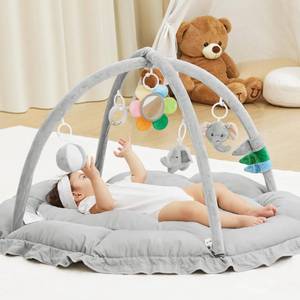 lot 6288 image: ANGELBLISS Baby Play Gym Mat, Reversible Tummy Time Mat with 6 Sensory Toys for Stage-Based Developmental, Thick & Large Baby Activity Center from Newborn to Toddler (Grey)
