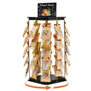 lot 6289 image: Pinzoveco Chip Rack Display Stand, 5 Tiers 40 Clips Snack Organizer for Office Desk, 360° Rotating Wooden Base Chip Holder Candy Display for Concession Stand, Countertop, Party, With Message Board