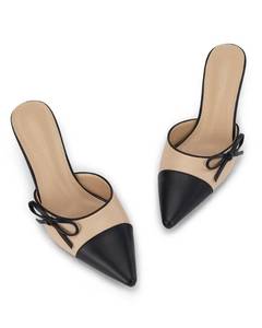 lot 6292 image: Coutgo Womens Kitten Heels Bow Tie Mules Two Tone Closed Pointed Toe Slip On Backless Wedding Dress Shoes Pumps, Khaki, Size 9.5
