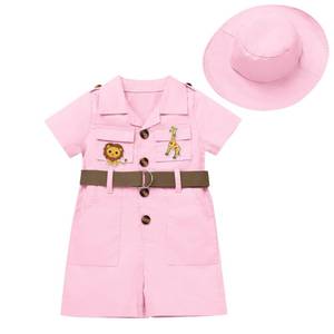lot 6293 image: ABAFIP Baby Girl Toddler Boy Safari Birthday Outfit Wild Zoo Short Sleeve One Piece Romper Jumpsuit with Belt Hat Cake Smash Clothes Light Pink 2-3T