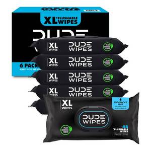 lot 6304 image: DUDE Wipes Unscented Flushable Wipes - Extra-Large Adult Wet Wipes for Sensitive Skin - 6 Pack (288 Count) - Infused with Vitamin E and Aloe - Septic and Sewer Safe