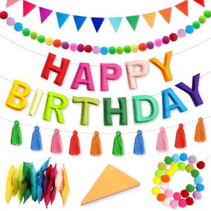 lot 6310 image: A4PCS Pre-Strung Happy Birthday Banner - Felt Happy Birthday Garland, Ball Garland, Felt Pennant Flag, Colorful Thread Tassel Rainbow Party Decorations for Women Men Kids