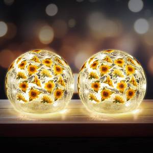 lot 6345 image: Rossesay 2 Pcs Sunflower Glass Lighted Ball Decorative Battery Operated 3.9 Inch Waterproof Floral Crackle LED Night Lights for Garden Globe Orb Lamp for Party Fall Thanksgiving Birthday Gift