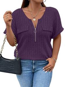 lot 6362 image: Viracy Womens Plus Size Tops Short Sleeve Blouses for Women Zip-up Top V Neck 2025 Trendy Casual Business Work Shirts for Oversize Woman, Purple-2XL
