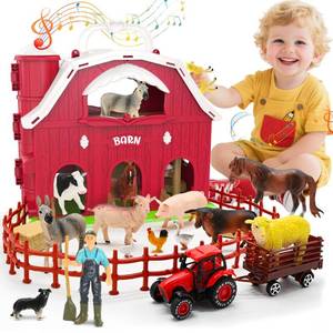 lot 9854 image: Red Barn Toys for Toddlers 1-3, Farm Animal Figures Playset with Tractor for 2 3 4 5 Year Old Kids, Musical Preschool Montessori STEM Learning Toys, Easter Christmas Birthday Gifts for Boys Girls