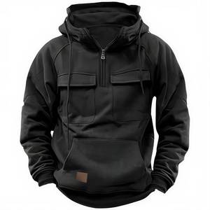lot 9857 image: Drantren Cargo Hoodies for Men Tactical Sweatshirt Quarter Zip Cargo Pullover Hoodies Workout Gym Men Fashion Outdoor Hoodie Black