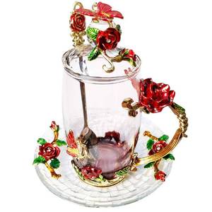 lot 9874 image: LANTREE Fancy Glass Tea Cup with Lid Saucer Spoon Flower Coffee Mug Unique Birthday Gift for Friend Female Mother-in-Low Daughter House Warming Gift(Tall Red)