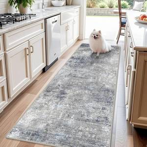 lot 9876 image: 3x8 Washable Hallway Runner �� Non-Slip Abstract Modern Neutral Wide Carpet Runner for Kitchen Floor, Entryway, Bedroom, Living Room �� Soft Low-Pile Thin Rubber Backing��Blue Gray,3x8��