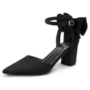 lot 9878 image: LOOPCHARM Womens Closed Pointed Toe Heels with Bow Low Chunky Block Heel Ankle Strap DOrsay Pumps Bridal Wedding Dress Shoes,Black SU,7.5