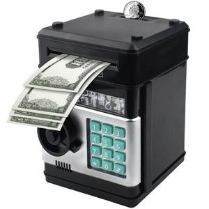 lot 9888 image: Suliper Electronic Piggy Bank Code Lock for Kids Baby Toy, Mini ATM Safe Coin Cash Banks Real Money Saving Box with Password, Auto Money Scroll for Children,Boys Girls Birthday Gift (Black)