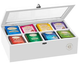 lot 11562 image: Tea Bag Organizer - White Bamboo Tea Box Organizer Storage Box, Tea Bag Holder with Acrylic Window, Magnetic Lid Keeps Tea Bags Fresh - Tea Organizer Caddy (Tea Not Included) Christmas Gift (Damaged)