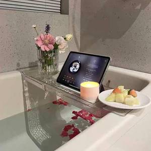 lot 11580 image: IEEK Expandable Bath Tray with Wine and Book Holder - Clear Acrylic Bathtub Caddy Shelf - Plastic Board Gift for Women
