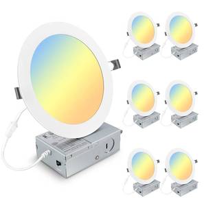 lot 11594 image: Elaruslux 6 Pack 7 Inch 3CCT Ultra-Thin LED Recessed Light with Junction Box, 3000K4500K6000K Selectable, 18W Eqv 125W, Dimmable Ceiling Lights 1600LM Brightness Canless Wafer Downlight