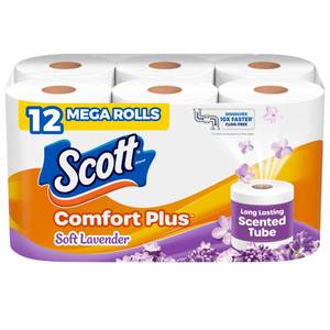 lot 11610 image: Scott ComfortPlus Toilet Paper with Soft Lavender Scented Tube, 12 Mega Rolls, 310 Sheets per Roll, Septic-Safe, 1-Ply Toilet Tissue