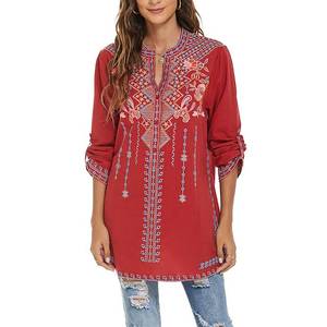 lot 12112 image: AK Womens Embroidered Tops for Women Mexican Boho Peasant Blouses V Neck Loose Tunic Hippie Casual Summer Shirts (Medium, 127-Red)