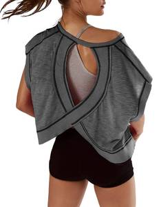 lot 12117 image: Kumufenc Womens Oversized Tshirts Open Back Batwing Sleeve Gym Shirts Boat Neck Slouchy Tees Workout Athletic Top(Dark Grey,M) (Back Is Not Open) (Not Cropped)