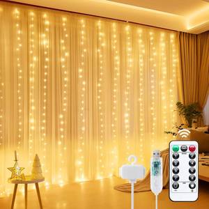 lot 12118 image: Minetom Curtain Lights, 300 LED Dimmable Fairy Lights Twinkle Lights with Remote and Timer, 8 Modes, USB Powered String Lights for Room Wall Party Xmas Indoor Decor, Warm White