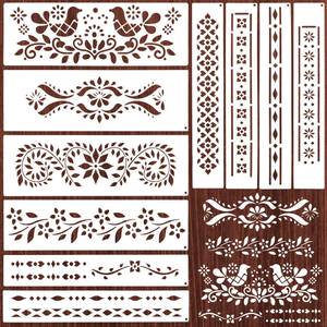 lot 12148 image: 10Pcs Border Stencils for Painting on Wood, Resuable Lace Talavera Stencils for Crafts, Cake Stencil Mexican Floral Stencil for Furniture Wood Wall Canvas Floor