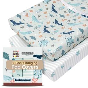 lot 12151 image: Baby Changing Pad Covers Girl 32x16, 8 Deep Pocket - Diaper Changing Pad Cover Nautical, 100% Cotton Ocean Whale Diaper Change Table Sheet for Girl & Boy, 2 Pack, Designed in France, Teal-White