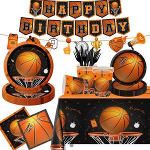 lot 12181 image: CMUSKO Basketball Party Supplies, 142Pcs Basketball Sports Theme Birthday Party Supplies Tableware Set,Include Basketball Plates and Napkins,Cups,Banner,Tablecloth for Basketball Birthday Decorations