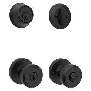 lot 12184 image: Kwikset Maven Front Door Lock Handle and Deadbolt Set, Entry Handleset Round Exterior with Interior Door Knob, Secure Locking Deadbolt, Matte Black, with Microban Protection