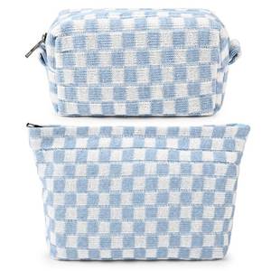 lot 12198 image: SOIDRAM 2 Pieces Makeup Bag Large Checkered Cosmetic Bag Capacity Canvas Mix Travel Toiletry Bag Organizer Cute Makeup Brushes Aesthetic Accessories Storage Bag for Women, Checkered Mix Blue