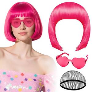 lot 12205 image: PLULON Hot Pink Bob Wig with Heart Sunglasses and Hair Cap, Colorful Short Bob Wigs Synthetic Party Wigs Funny Cosplay Hairpieces for Women Men Daily Bachelorette Halloween Costume Party Decorations