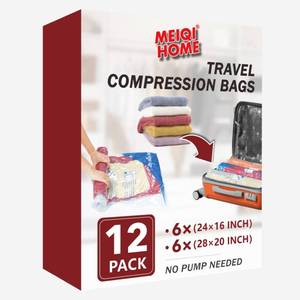 lot 12206 image: 12 Pack Compression Bags for Travel  Vacuum Seal Storage Bags for Luggage & Dirty Clothes  Travel Packing Space Saver Bags for Suitcases & Home Organization  MEIQIHOME
