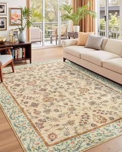 lot 12405 image: Flagover 6x9 Area Rugs for Living Room, Boho Washable Bedroom Rug, Vintage Floral Non Slip Rugs, Soft Low Pile Carpet for Kitchen Dining Room Office Farmhouse, BeigeGreen
