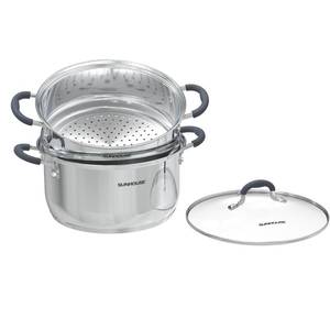 lot 12435 image: SUNHOUSE - 3.1 Quart Steamer Pots With Lid 2-Tier Multipurpose Stainless Steel Steaming Pot Cookware With Handle For Vegetable, Dumpling, Sauce, Food - Triple Bottom, Measurement Line (Used)
