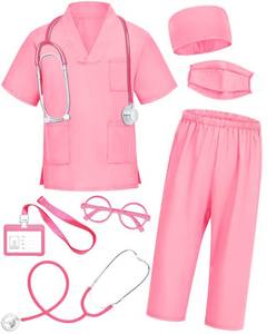 lot 16184 image: ICECUTE Doctor Scrubs for Kids,7 Pcs Scrubs Costume with Accessories, Halloween Costume for Boy Girls,3-11 Years (Pink, 7-8Years)