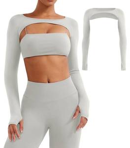lot 16187 image: YEOREO Seamless Long Sleeve Shrug for Women Gym Crop Top Workout Cropped Sports Bolero Beige XS