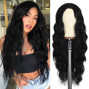 lot 19036 image: 26 Inch Long Black Wig for Women  Middle Part Culy Wavy Wig  Heat Resistant & Natural Looking  Lightweight Synthetic Hair for Daily Use, Halloween, Cosplay