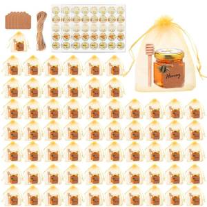 lot 19934 image: Woaiwo-q 64pack 1.5oz Mini Honey Jars��Gold Lids��, Glass Hexagon Honey Jars with Dippers,Cute Stickers,Bee Pendants,Gift Bags and Jute for Wedding Favors,Baby Showers,Party Favors,Birthdays & Jams