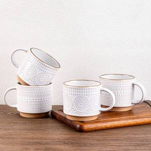 lot 19937 image: GBhome 12OZ Stackable Coffee Mugs, Ceramic Coffee Mugs with Texture Patterns for Man,Woman,Dad,Mom, Modern Coffee Mugs Set of 4 for LatteCappuccinoCocoa. Dishwasher&Microwave Safe