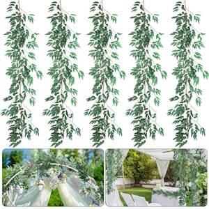 lot 19941 image: 5 Pack 6 ft Artificial Greenery Garland for Table, Faux Willow Leaf Garland for Room Decor, Green Garlands for Decoration, Fake Vines Hanging Plants for Home Bedroom Wall Wedding Decor
