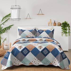 lot 19948 image: Dinjoy Reversible Patchwork Quilt Bedding Set Queen Size Blue Green Grey Plaid Floral Pattern Bedspread Set Soft Microfiber Coverlets Bed Set 3 Pieces Fall Autumn All Season Use