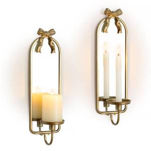 lot 19950 image: Walasis Gold Candle Sconces Wall Decor Modern Decorative Wall Candle Holder Set of Two for Bedroom - Vintage French Metal Bow Mirror Sconces Beside Fireplace TV