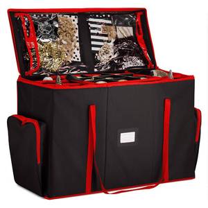 lot 19963 image: ZOBER All in One Christmas Ornament Storage Box & Decoration Container - Easy Access Removable Trays, Keeps 73 Ornaments - Adjustable Extent Area for Figurines and Pockets for Decoration - Black