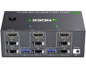 lot 19982 image: KVM Switch 3 Monitors 2 Computers 8K60Hz 4K144Hz, ANGEET HDMI and Displayport KVM Switch Triple Monitor for 2 Computer Share 3 Monitor and 4 USB3.0 Devices, with Wired Remote and Power Adapter