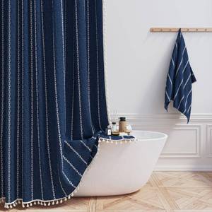 lot 19991 image: BTTN Boho Farmhouse Shower Curtain - Linen Rustic Weighted Striped Fabric Shower Curtain Set with Tassel, Water Repellent, Bohemian Vintage Country Cloth Shower Curtain for Bathroom, 72x72 (LIGHT BLUE)