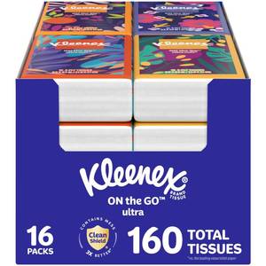 lot 19995 image: Kleenex On-The-Go Facial Tissues, 16 On-The-Go Packs, 10 per Box, 3-Ply (160 Total), Packaging May Vary
